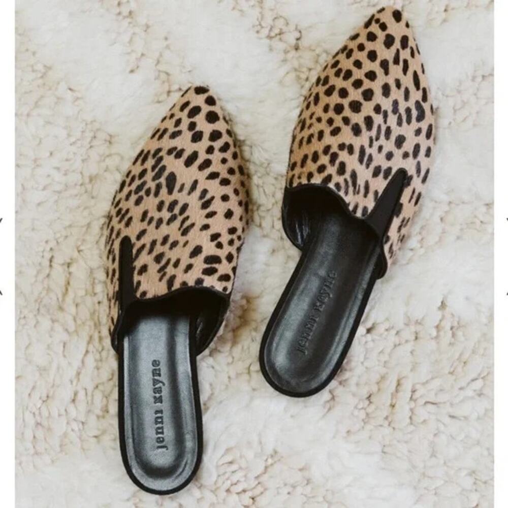 Jenni Kayne Calf Hair Cheetah Mules Size 6.5 Eu 37.5 Pointed Toe Animal Print